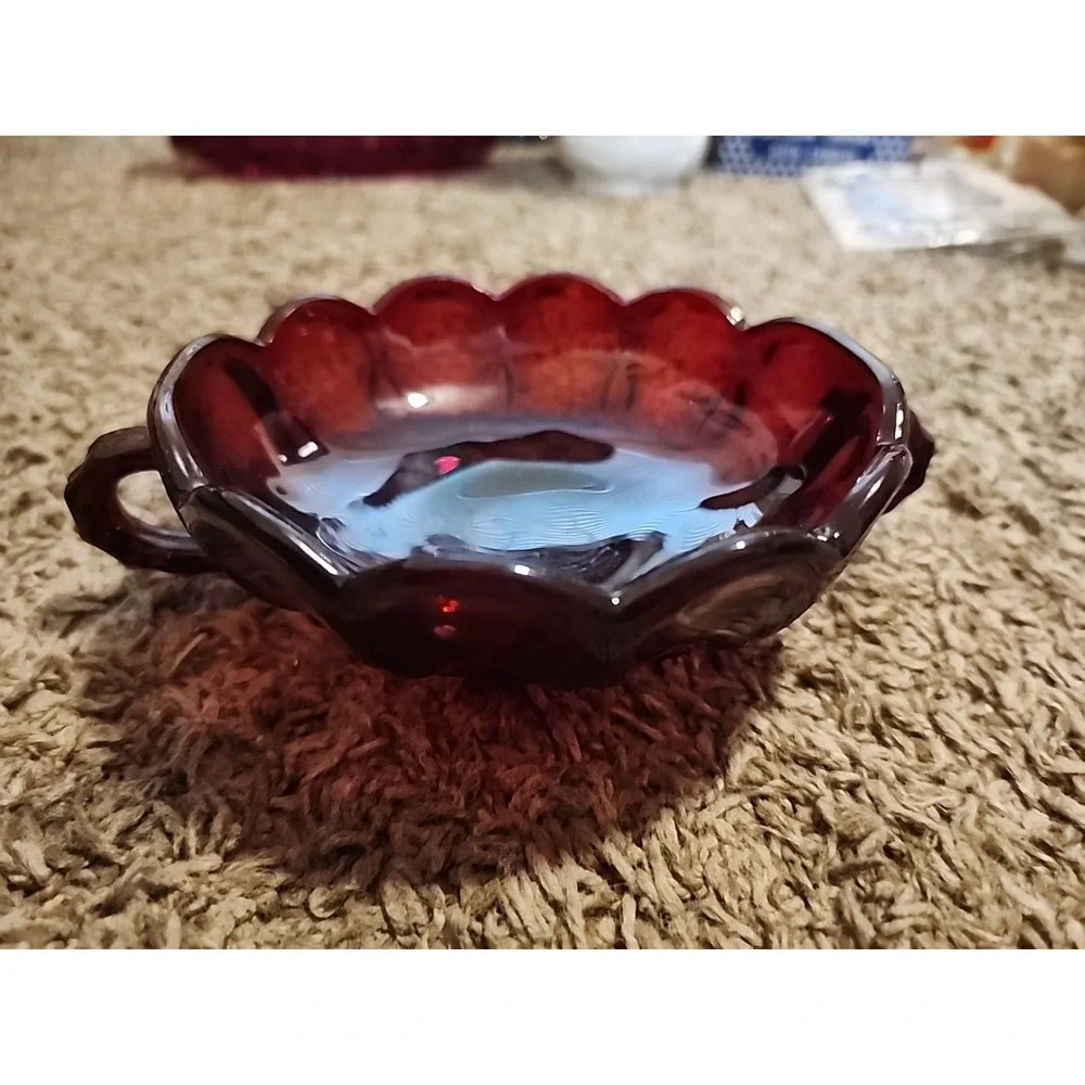 RARE! Anchor Hocking Fairfield Pattern Ruby Red Glass Bowl 2 Handles 1950s